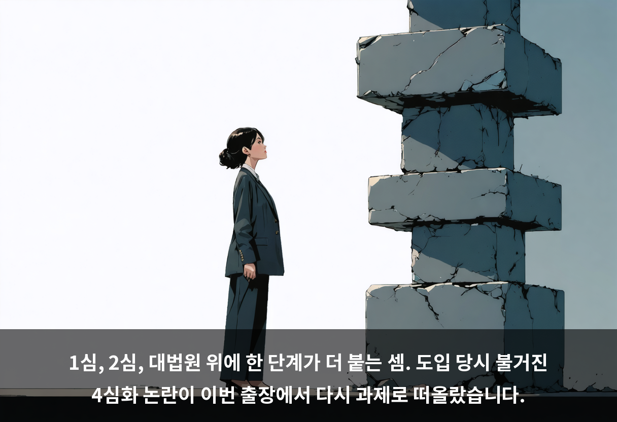 1심, 2심, 대법원 위에 한 단계가 더 붙는 셈. 도입 당시 불거진 4심화 논란이 이번 출장에서 다시 과제로 떠올랐습니다.