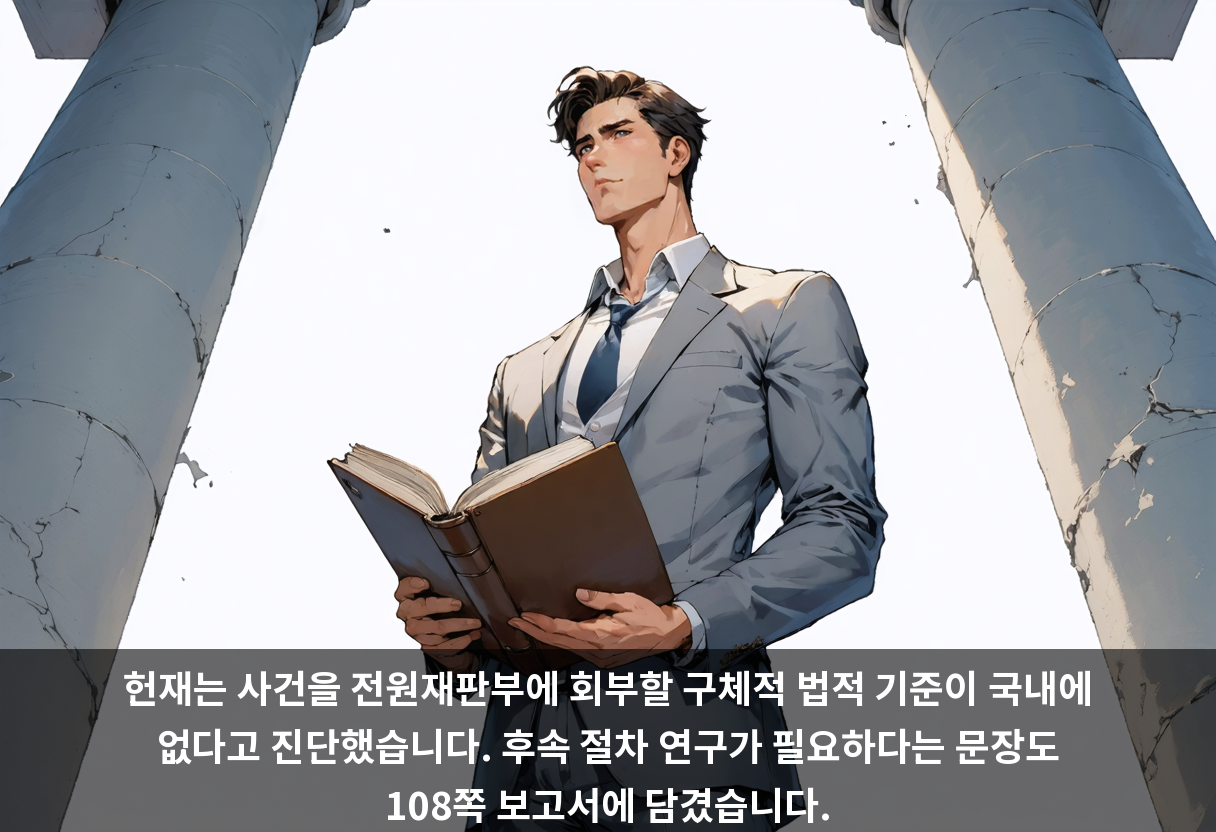 헌재는 사건을 전원재판부에 회부할 구체적 법적 기준이 국내에 없다고 진단했습니다. 후속 절차 연구가 필요하다는 문장도 108쪽 보고서에 담겼습니다.