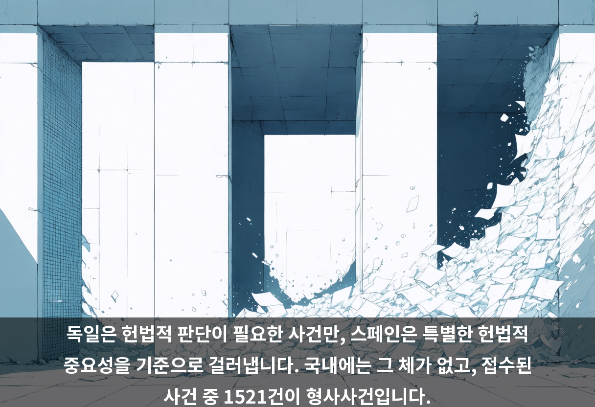 독일은 헌법적 판단이 필요한 사건만, 스페인은 특별한 헌법적 중요성을 기준으로 걸러냅니다. 국내에는 그 체가 없고, 접수된 사건 중 1521건이 형사사건입니다.
