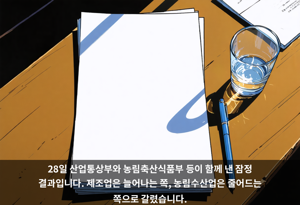 28일 산업통상부와 농림축산식품부 등이 함께 낸 잠정 결과입니다. 제조업은 늘어나는 쪽, 농림수산업은 줄어드는 쪽으로 갈렸습니다.
