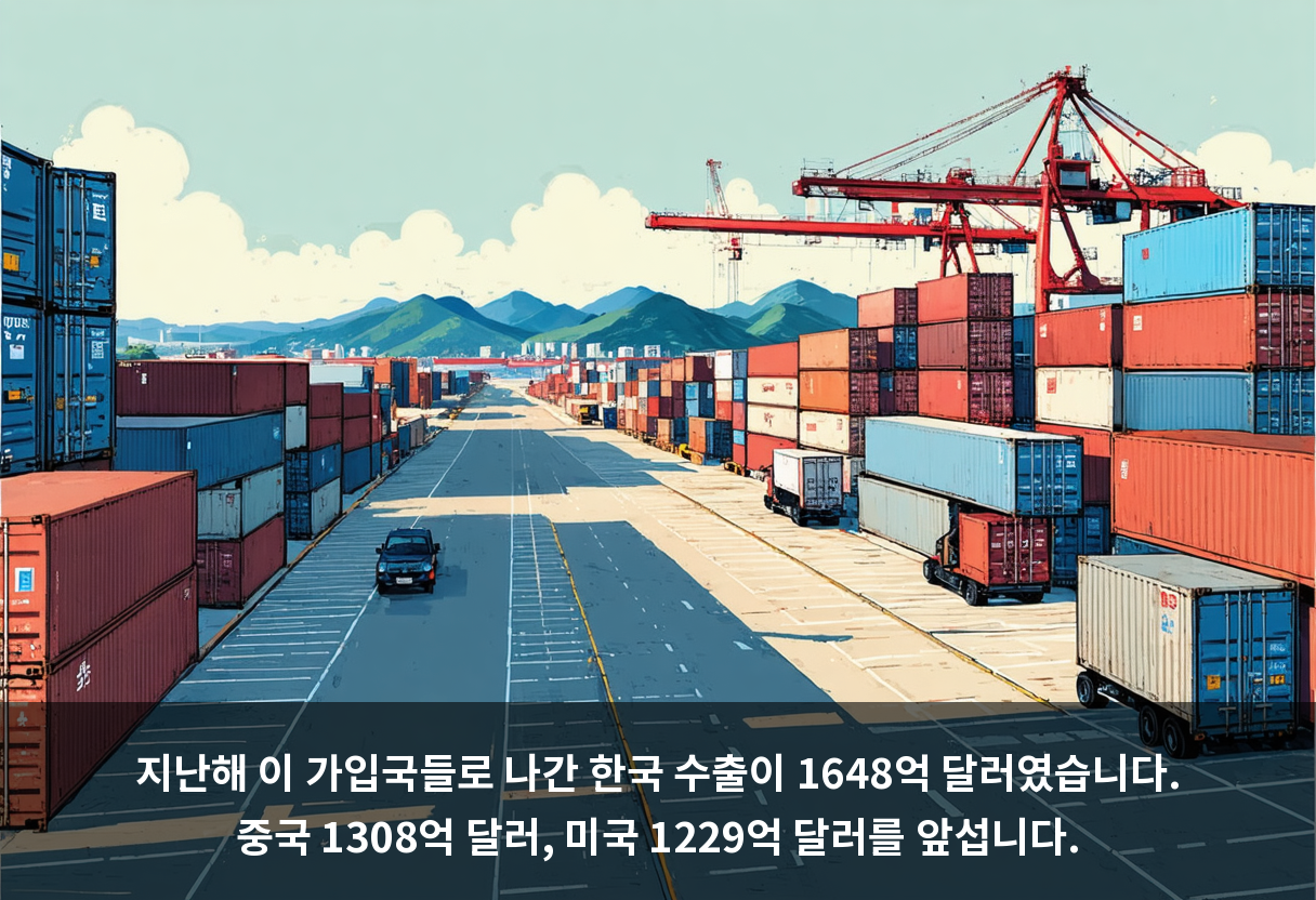 지난해 이 가입국들로 나간 한국 수출이 1648억 달러였습니다. 중국 1308억 달러, 미국 1229억 달러를 앞섭니다.