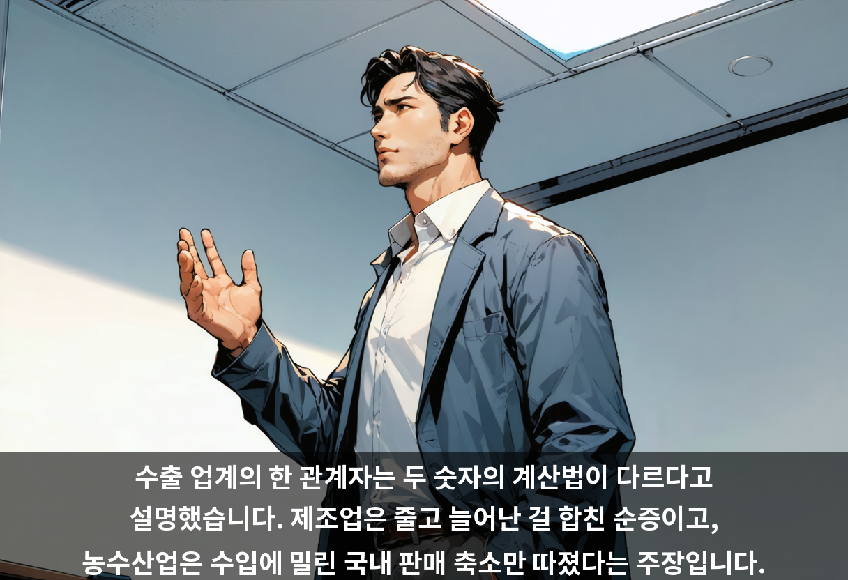 수출 업계의 한 관계자는 두 숫자의 계산법이 다르다고 설명했습니다. 제조업은 줄고 늘어난 걸 합친 순증이고, 농수산업은 수입에 밀린 국내 판매 축소만 따졌다는 주장입니다.