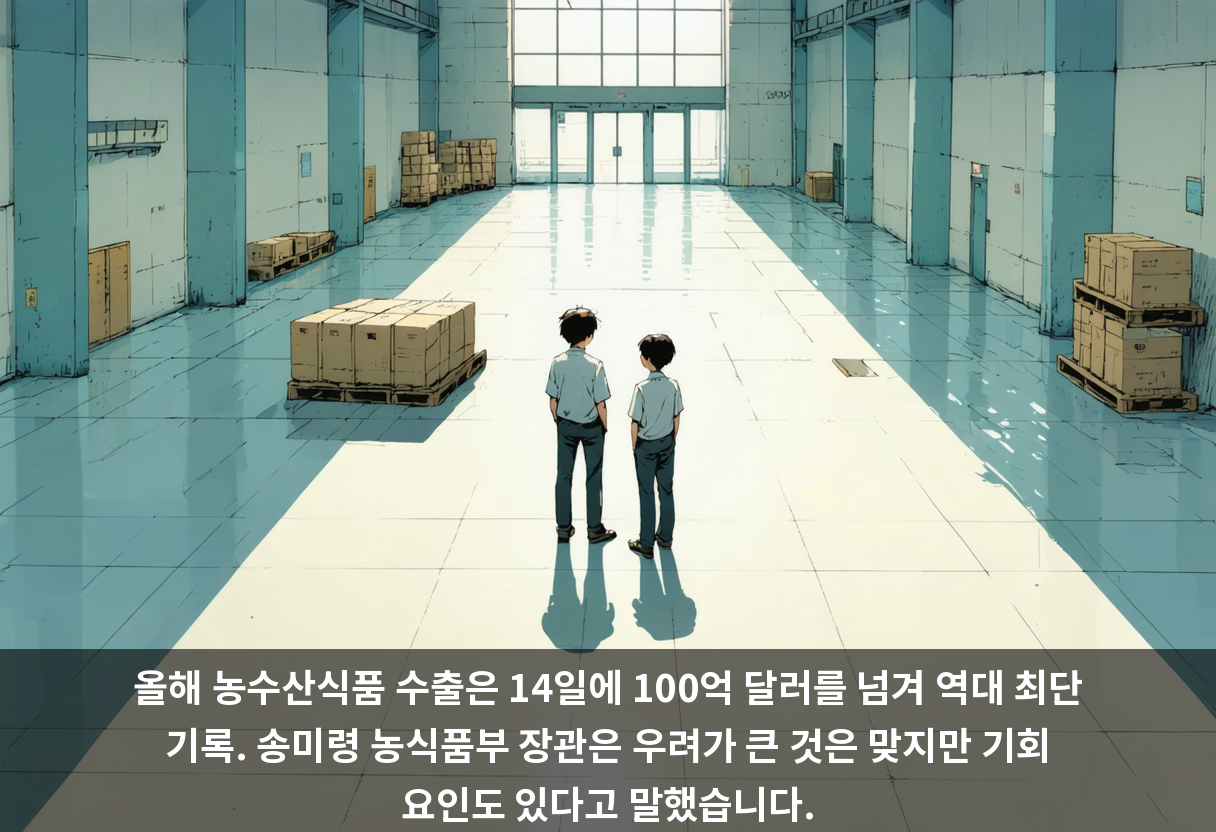 올해 농수산식품 수출은 14일에 100억 달러를 넘겨 역대 최단 기록. 송미령 농식품부 장관은 우려가 큰 것은 맞지만 기회 요인도 있다고 말했습니다.