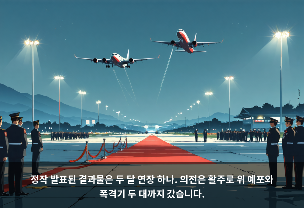 정작 발표된 결과물은 두 달 연장 하나. 의전은 활주로 위 예포와 폭격기 두 대까지 갔습니다.