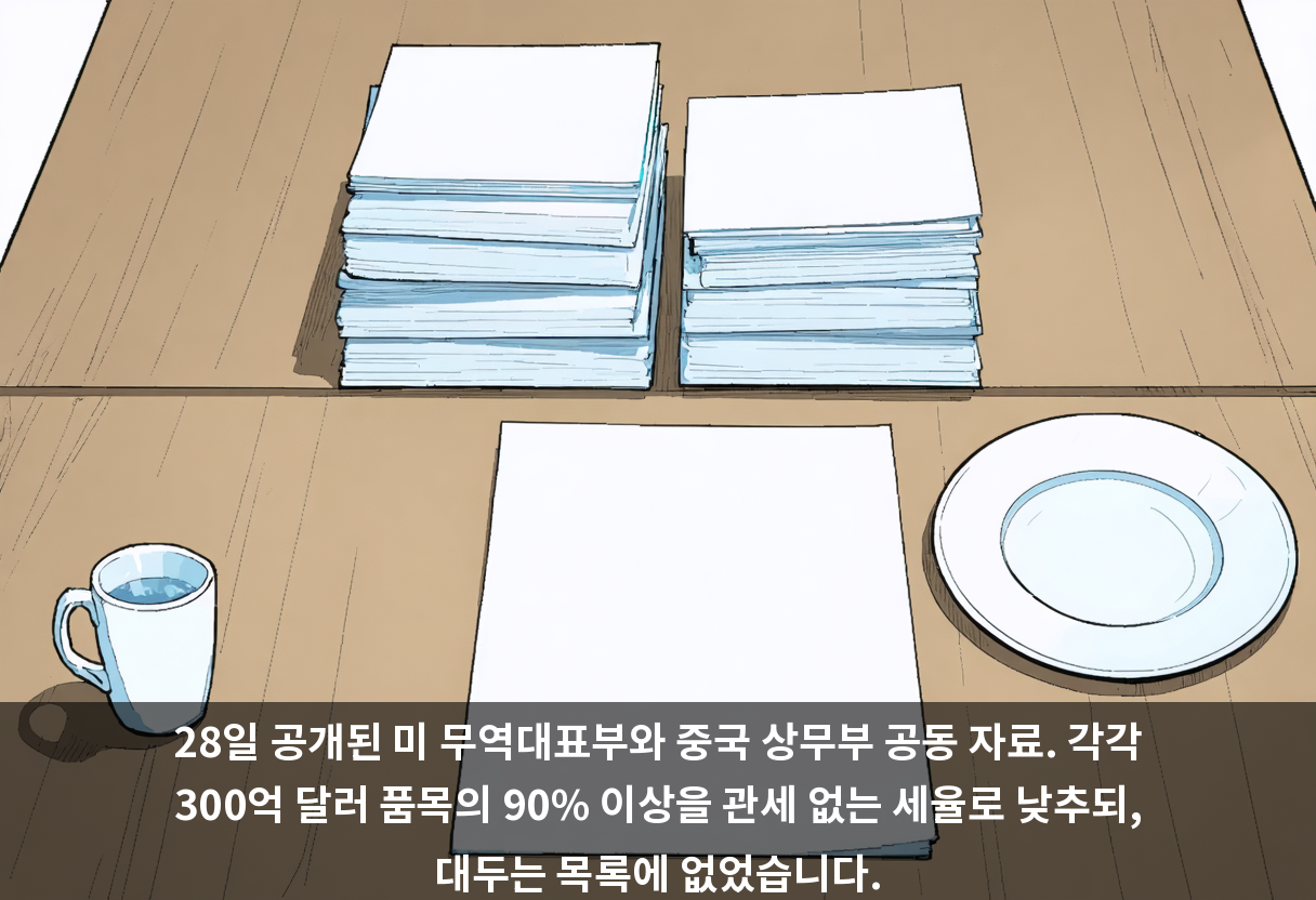 28일 공개된 미 무역대표부와 중국 상무부 공동 자료. 각각 300억 달러 품목의 90% 이상을 관세 없는 세율로 낮추되, 대두는 목록에 없었습니다.