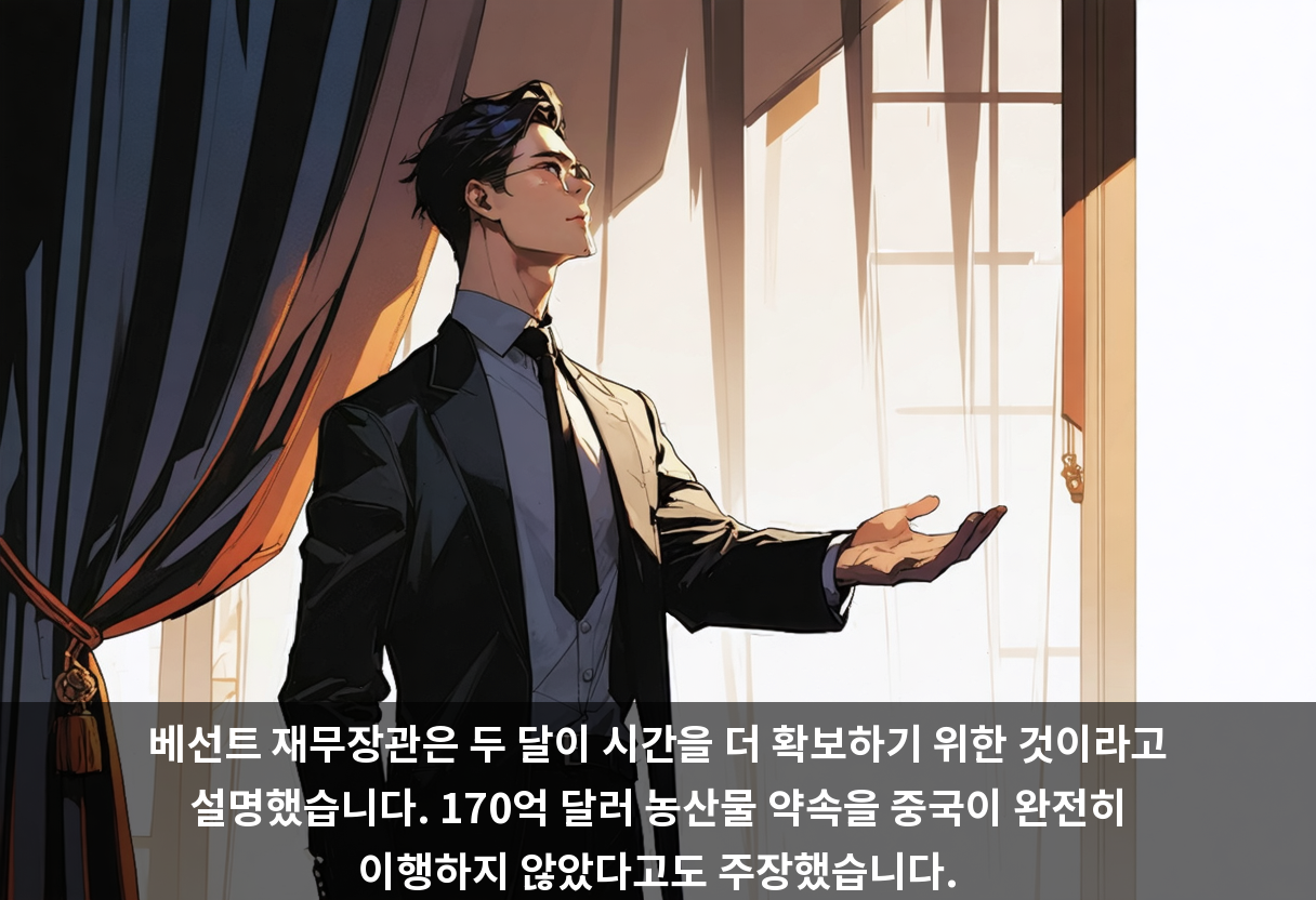 베선트 재무장관은 두 달이 시간을 더 확보하기 위한 것이라고 설명했습니다. 170억 달러 농산물 약속을 중국이 완전히 이행하지 않았다고도 주장했습니다.