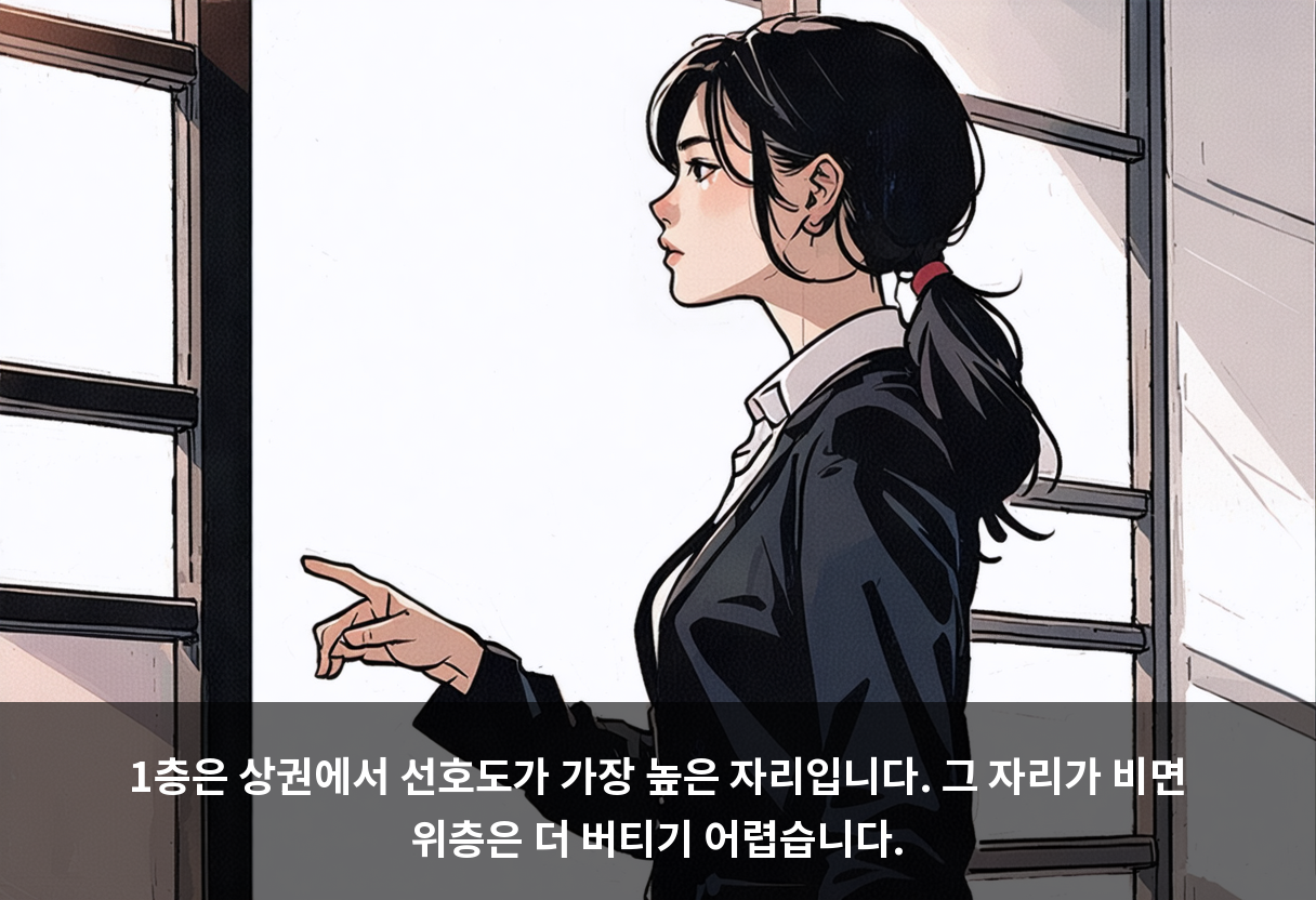 1층은 상권에서 선호도가 가장 높은 자리입니다. 그 자리가 비면 위층은 더 버티기 어렵습니다.