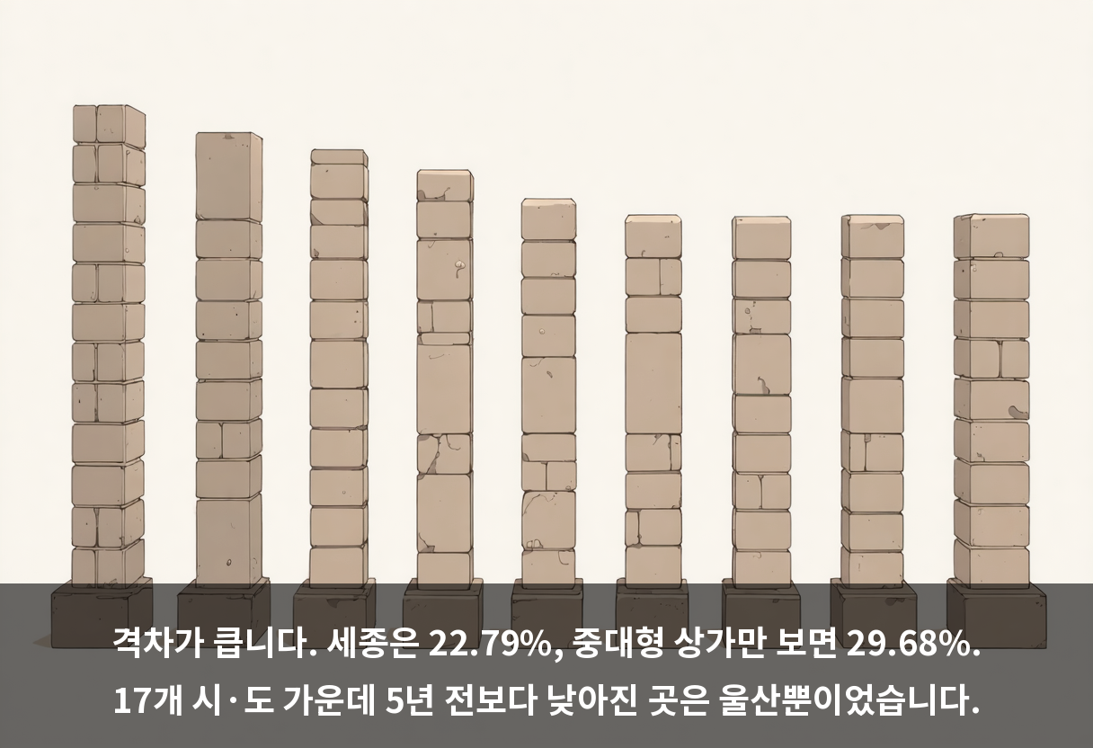 격차가 큽니다. 세종은 22.79%, 중대형 상가만 보면 29.68%. 17개 시·도 가운데 5년 전보다 낮아진 곳은 울산뿐이었습니다.
