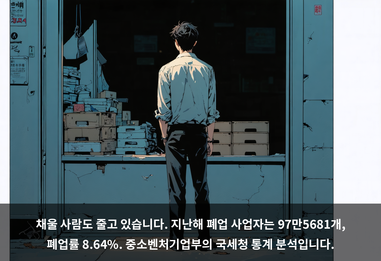 채울 사람도 줄고 있습니다. 지난해 폐업 사업자는 97만5681개, 폐업률 8.64%. 중소벤처기업부의 국세청 통계 분석입니다.