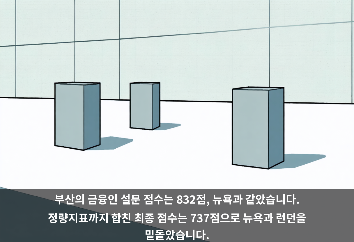 부산의 금융인 설문 점수는 832점, 뉴욕과 같았습니다. 정량지표까지 합친 최종 점수는 737점으로 뉴욕과 런던을 밑돌았습니다.