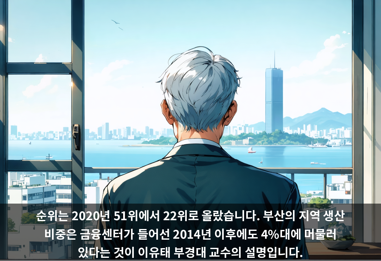 순위는 2020년 51위에서 22위로 올랐습니다. 부산의 지역 생산 비중은 금융센터가 들어선 2014년 이후에도 4%대에 머물러 있다는 것이 이유태 부경대 교수의 설명입니다.