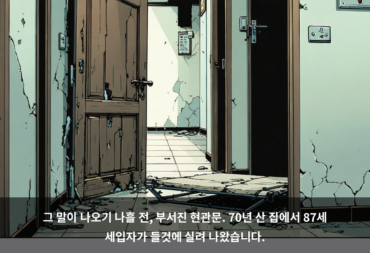 그 말이 나오기 나흘 전, 부서진 현관문. 70년 산 집에서 87세 세입자가 들것에 실려 나왔습니다.
