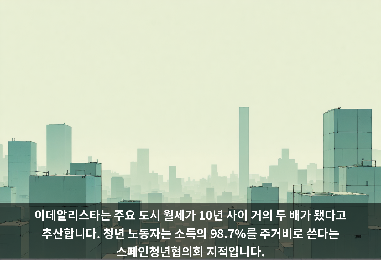 이데알리스타는 주요 도시 월세가 10년 사이 거의 두 배가 됐다고 추산합니다. 청년 노동자는 소득의 98.7%를 주거비로 쓴다는 스페인청년협의회 지적입니다.