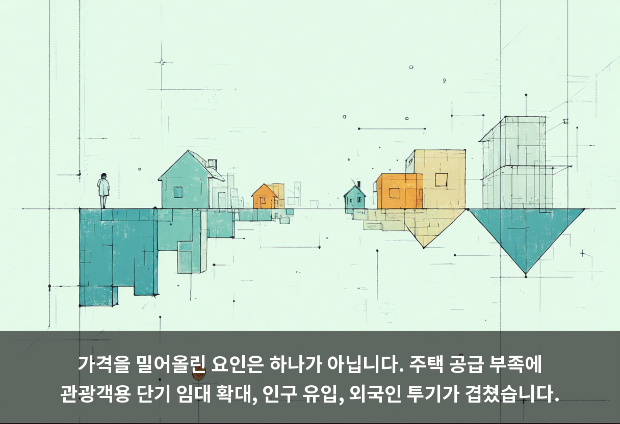 가격을 밀어올린 요인은 하나가 아닙니다. 주택 공급 부족에 관광객용 단기 임대 확대, 인구 유입, 외국인 투기가 겹쳤습니다.