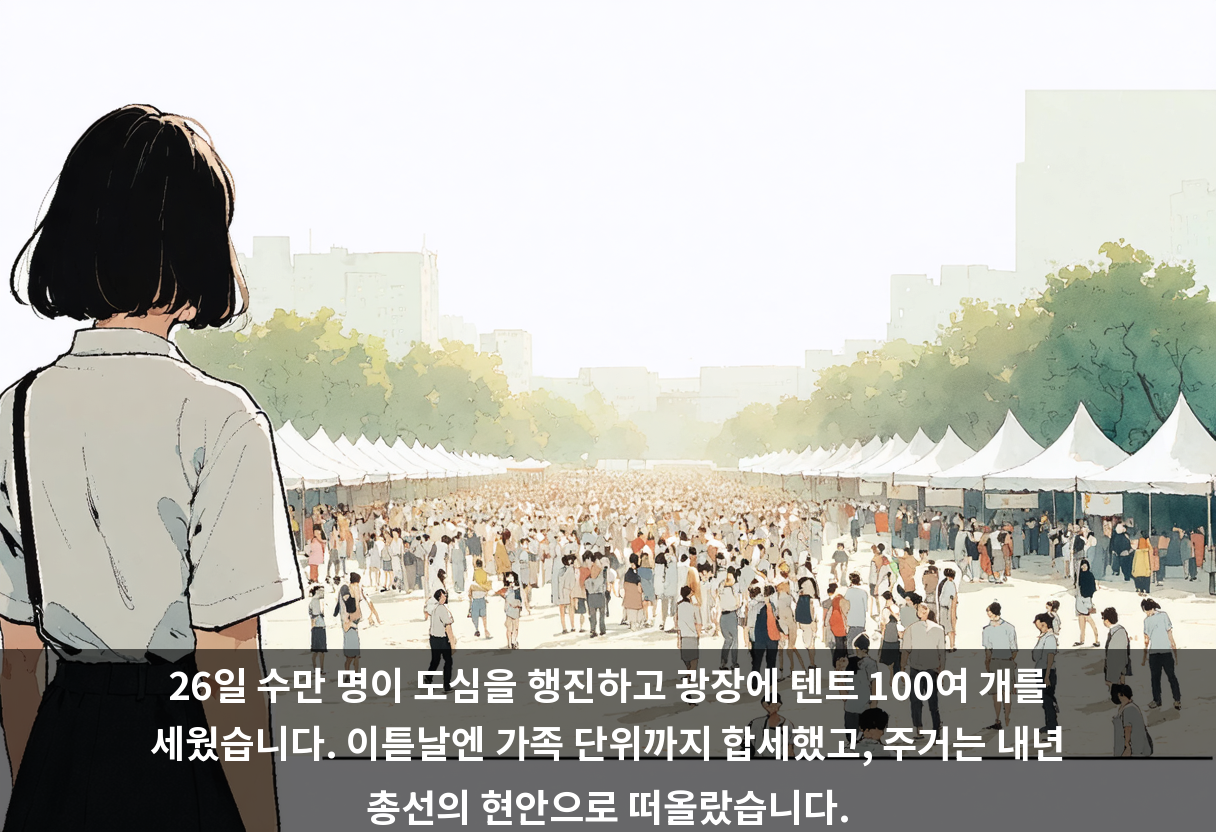 26일 수만 명이 도심을 행진하고 광장에 텐트 100여 개를 세웠습니다. 이튿날엔 가족 단위까지 합세했고, 주거는 내년 총선의 현안으로 떠올랐습니다.