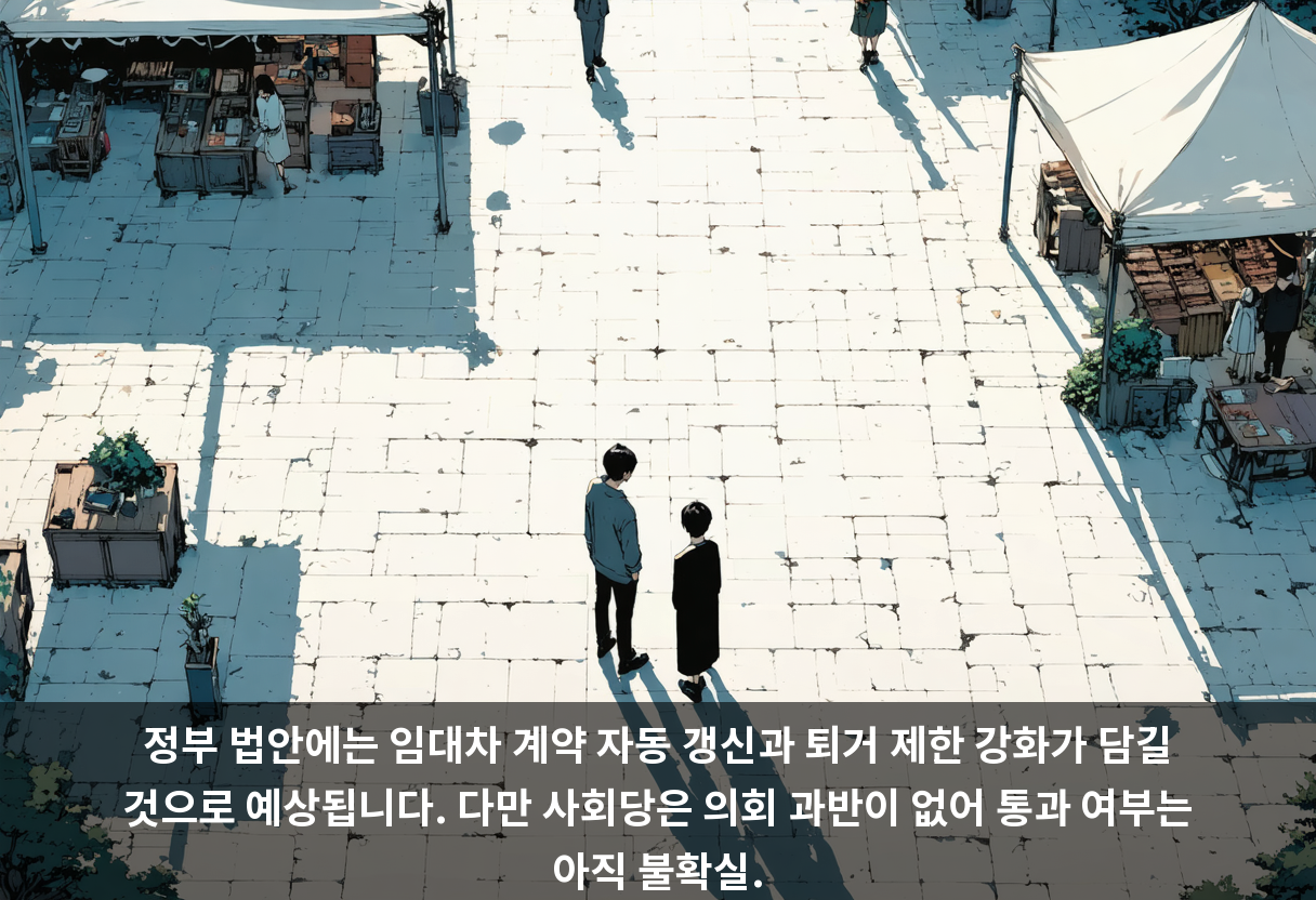 정부 법안에는 임대차 계약 자동 갱신과 퇴거 제한 강화가 담길 것으로 예상됩니다. 다만 사회당은 의회 과반이 없어 통과 여부는 아직 불확실.