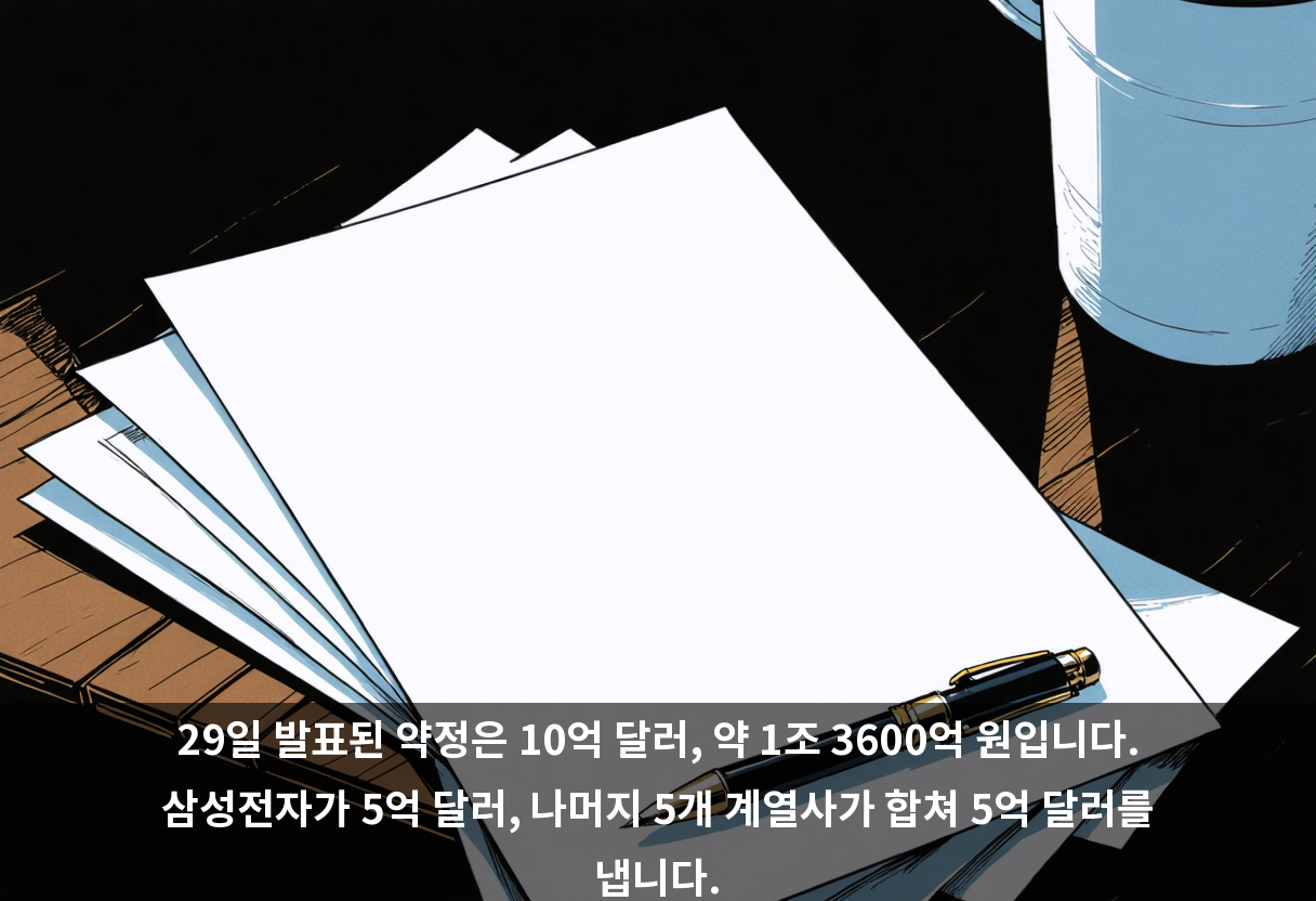 29일 발표된 약정은 10억 달러, 약 1조 3600억 원입니다. 삼성전자가 5억 달러, 나머지 5개 계열사가 합쳐 5억 달러를 냅니다.