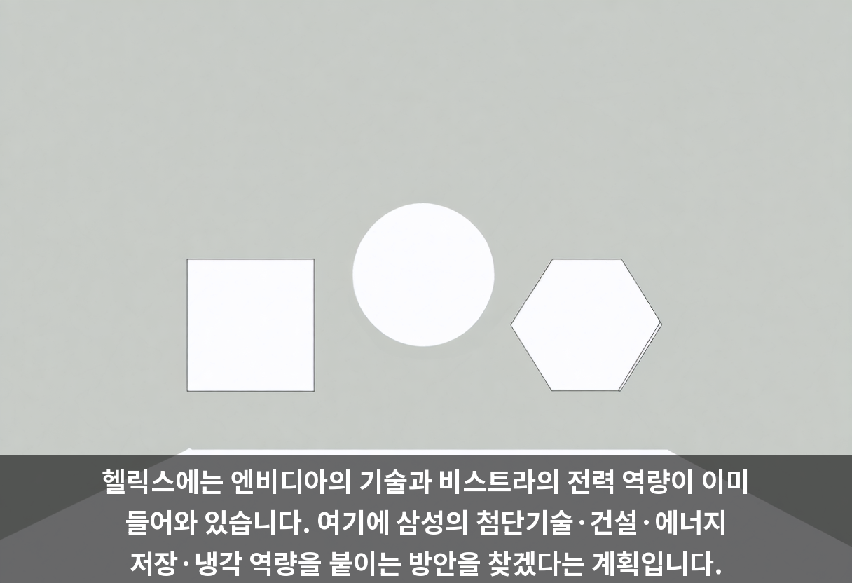 헬릭스에는 엔비디아의 기술과 비스트라의 전력 역량이 이미 들어와 있습니다. 여기에 삼성의 첨단기술·건설·에너지 저장·냉각 역량을 붙이는 방안을 찾겠다는 계획입니다.