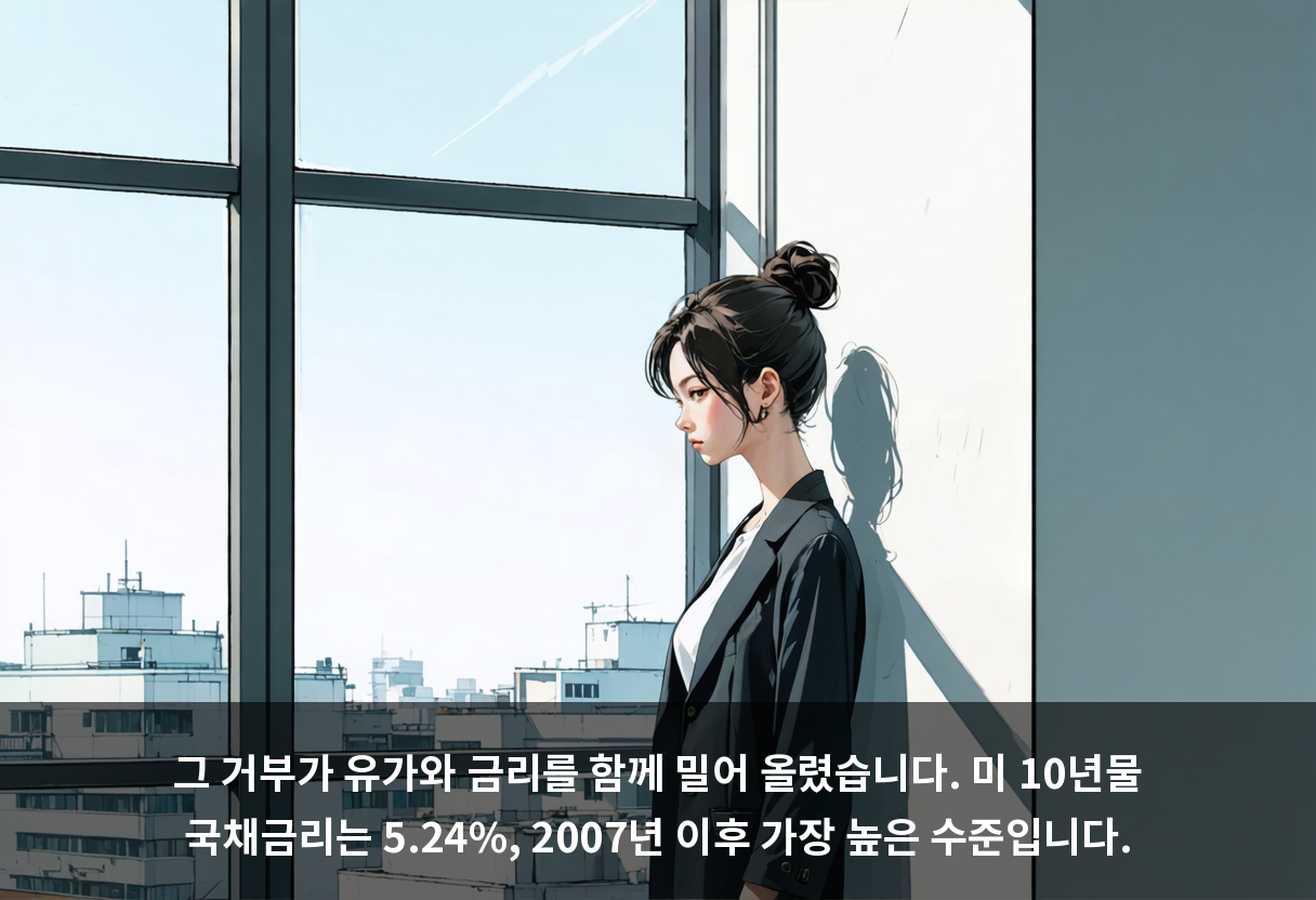 그 거부가 유가와 금리를 함께 밀어 올렸습니다. 미 10년물 국채금리는 5.24%, 2007년 이후 가장 높은 수준입니다.
