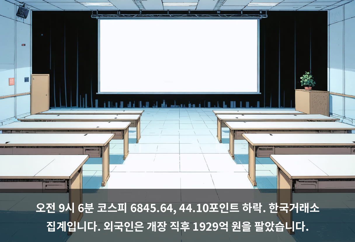 오전 9시 6분 코스피 6845.64, 44.10포인트 하락. 한국거래소 집계입니다. 외국인은 개장 직후 1929억 원을 팔았습니다.