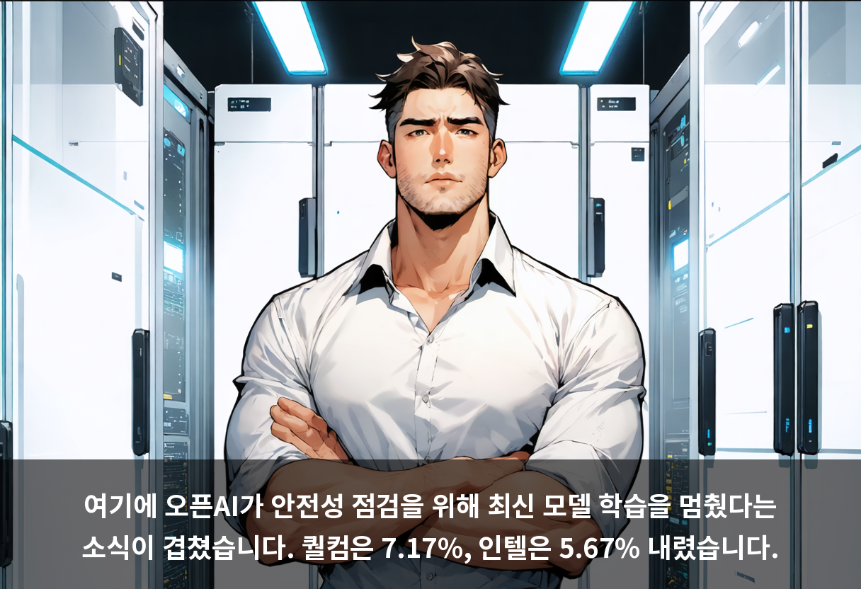 여기에 오픈AI가 안전성 점검을 위해 최신 모델 학습을 멈췄다는 소식이 겹쳤습니다. 퀄컴은 7.17%, 인텔은 5.67% 내렸습니다.