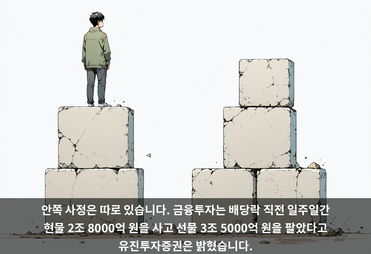 안쪽 사정은 따로 있습니다. 금융투자는 배당락 직전 일주일간 현물 2조 8000억 원을 사고 선물 3조 5000억 원을 팔았다고 유진투자증권은 밝혔습니다.