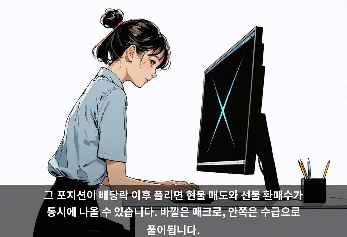 그 포지션이 배당락 이후 풀리면 현물 매도와 선물 환매수가 동시에 나올 수 있습니다. 바깥은 매크로, 안쪽은 수급으로 풀이됩니다.