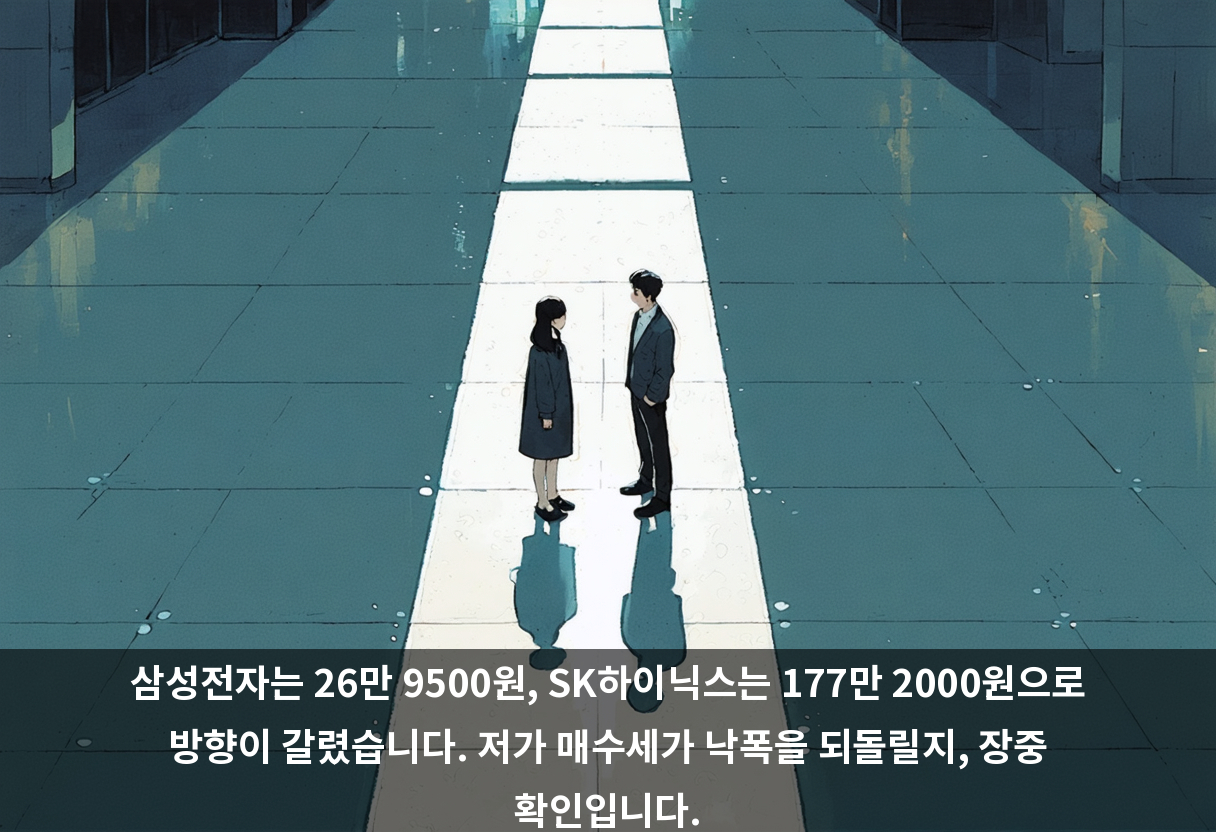 삼성전자는 26만 9500원, SK하이닉스는 177만 2000원으로 방향이 갈렸습니다. 저가 매수세가 낙폭을 되돌릴지, 장중 확인입니다.