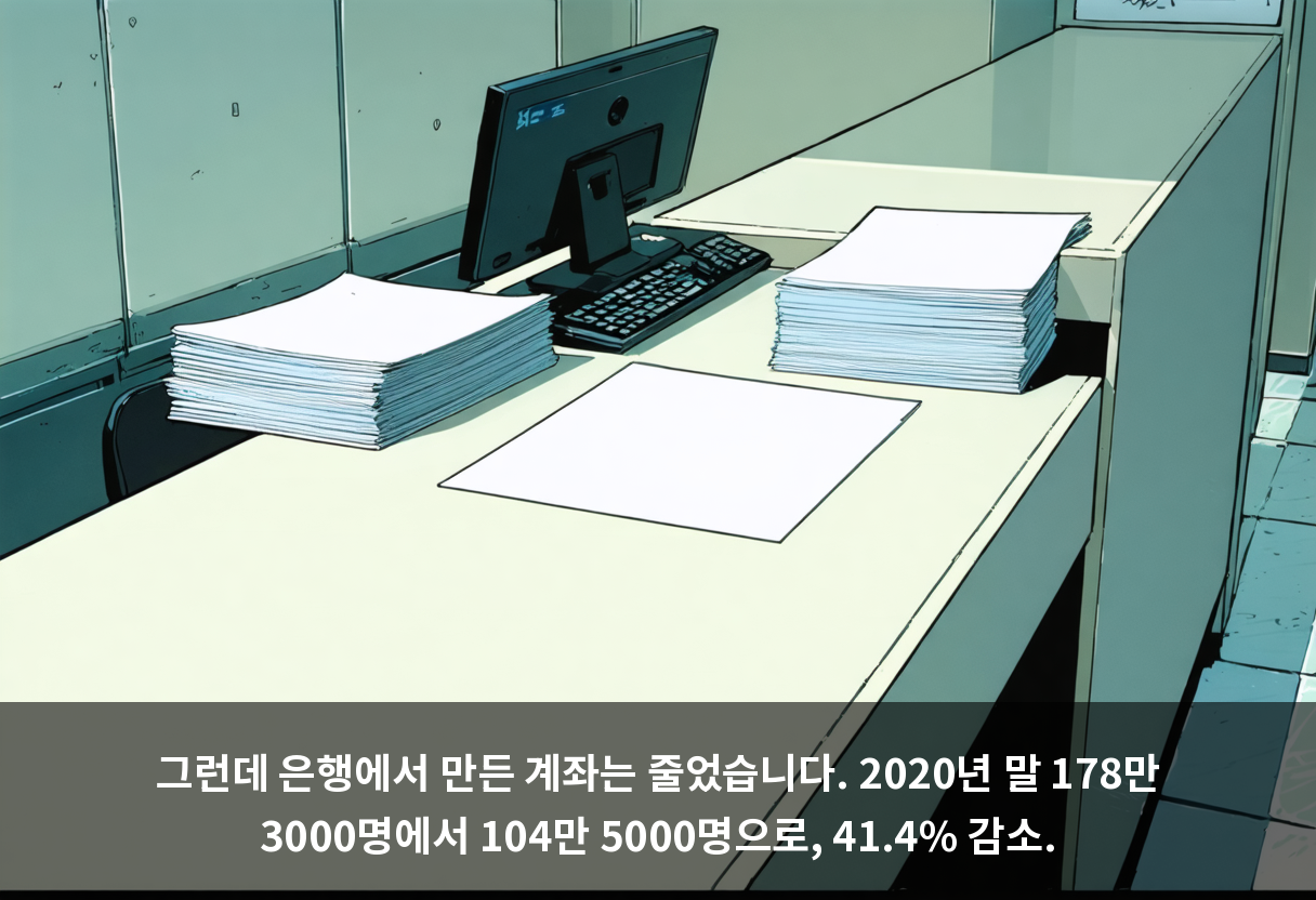그런데 은행에서 만든 계좌는 줄었습니다. 2020년 말 178만 3000명에서 104만 5000명으로, 41.4% 감소.