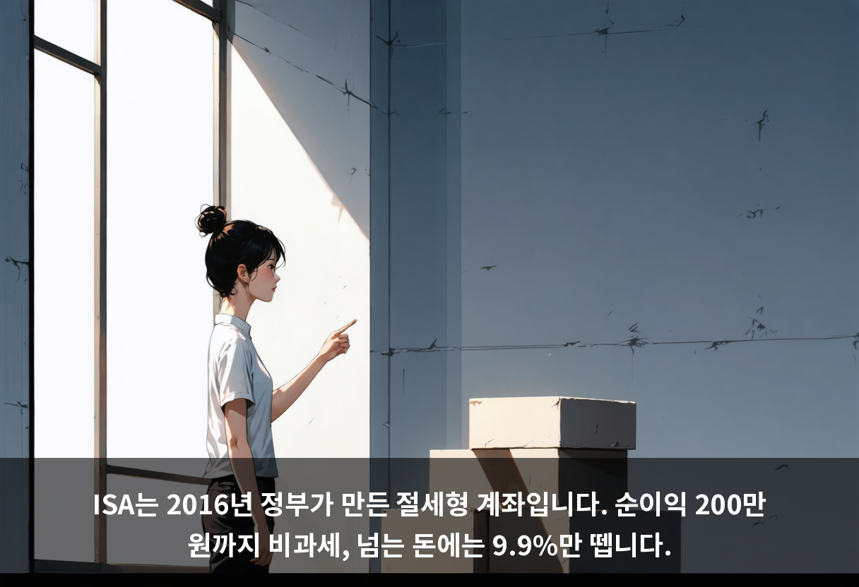 ISA는 2016년 정부가 만든 절세형 계좌입니다. 순이익 200만 원까지 비과세, 넘는 돈에는 9.9%만 뗍니다.