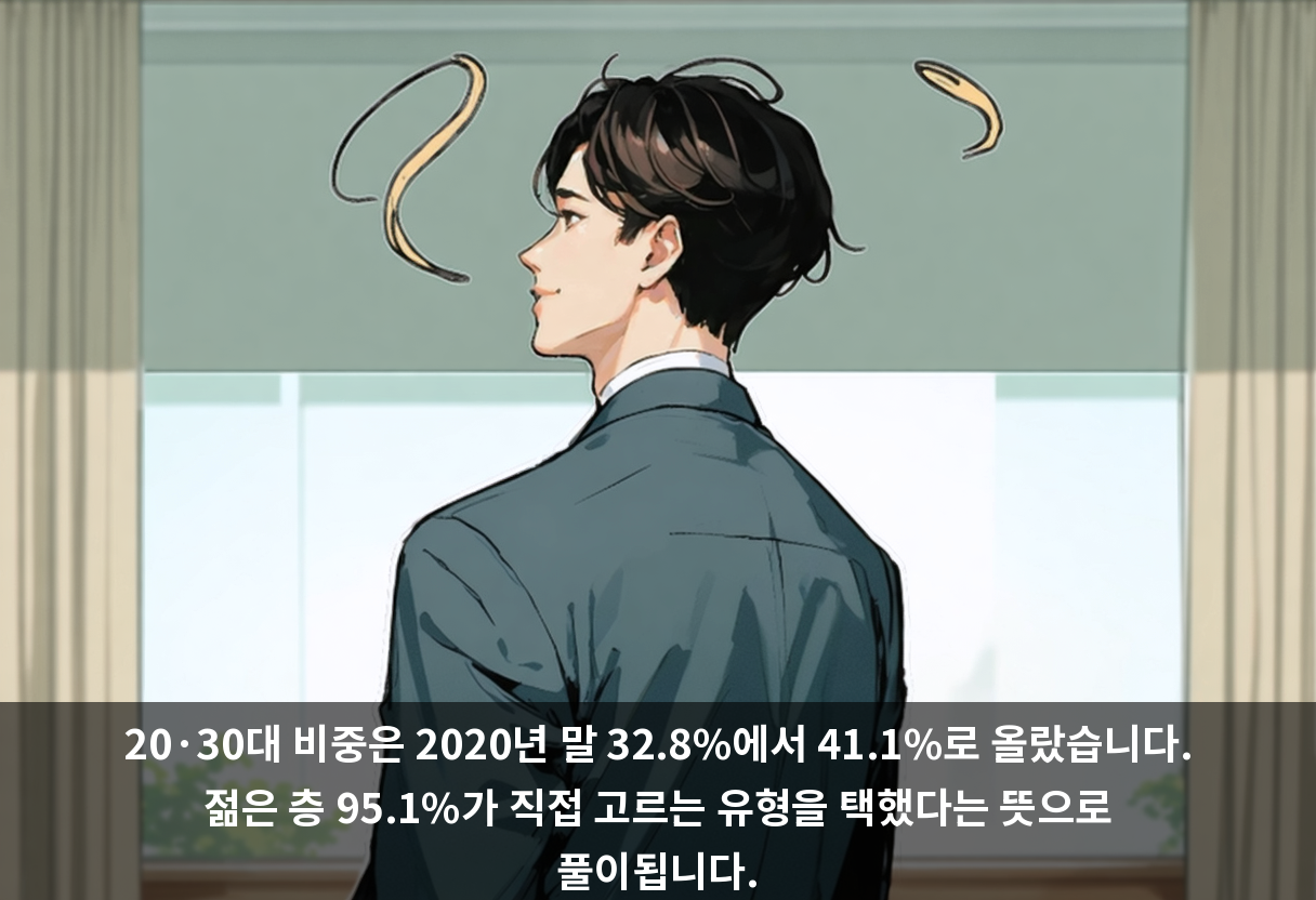 20·30대 비중은 2020년 말 32.8%에서 41.1%로 올랐습니다. 젊은 층 95.1%가 직접 고르는 유형을 택했다는 뜻으로 풀이됩니다.