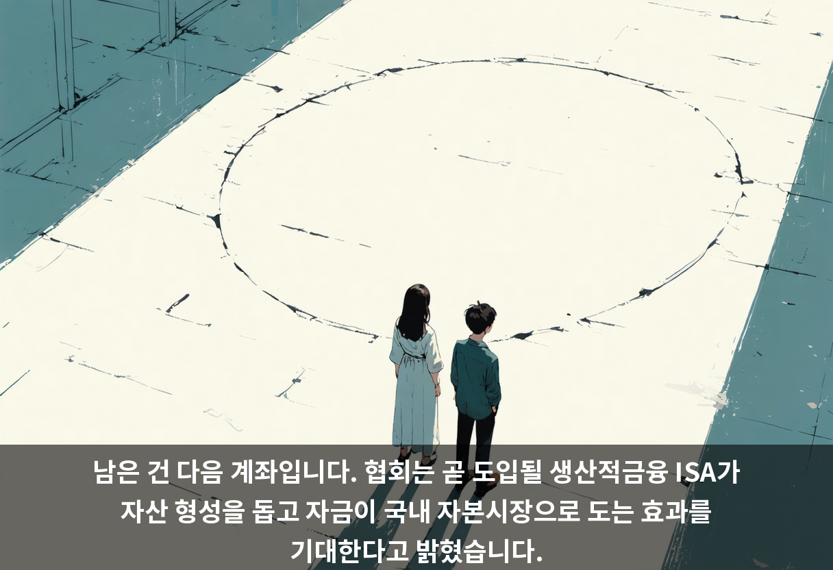 남은 건 다음 계좌입니다. 협회는 곧 도입될 생산적금융 ISA가 자산 형성을 돕고 자금이 국내 자본시장으로 도는 효과를 기대한다고 밝혔습니다.