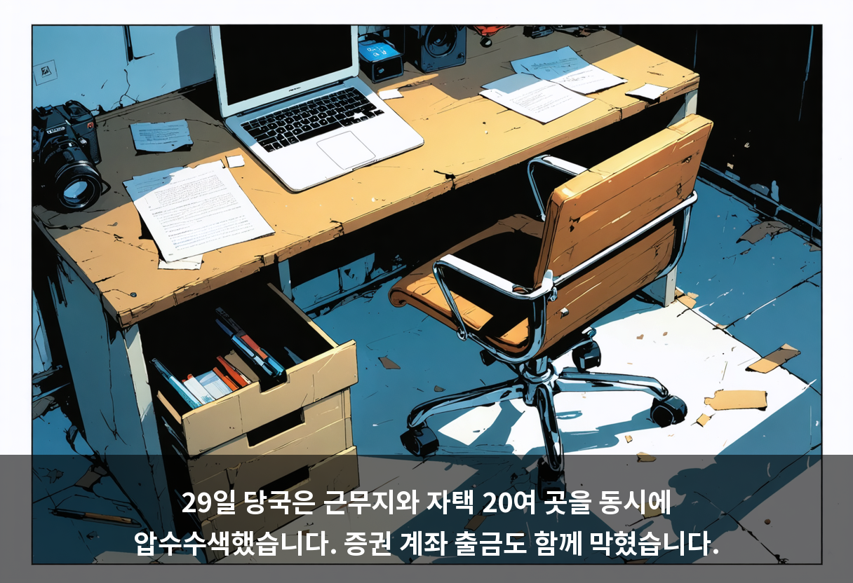 29일 당국은 근무지와 자택 20여 곳을 동시에 압수수색했습니다. 증권 계좌 출금도 함께 막혔습니다.