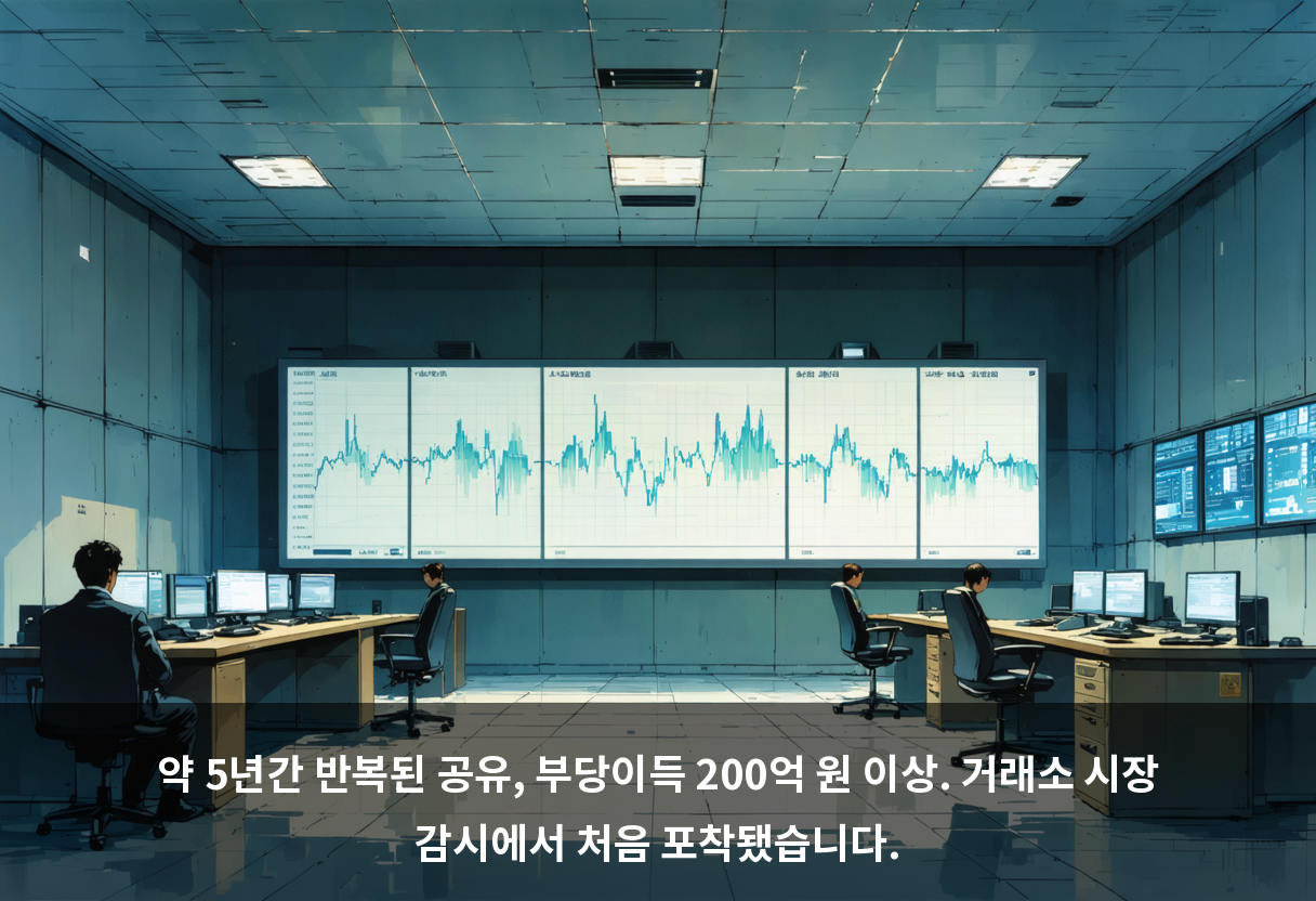약 5년간 반복된 공유, 부당이득 200억 원 이상. 거래소 시장 감시에서 처음 포착됐습니다.