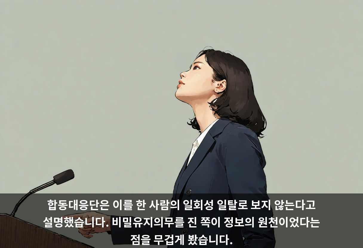 합동대응단은 이를 한 사람의 일회성 일탈로 보지 않는다고 설명했습니다. 비밀유지의무를 진 쪽이 정보의 원천이었다는 점을 무겁게 봤습니다.