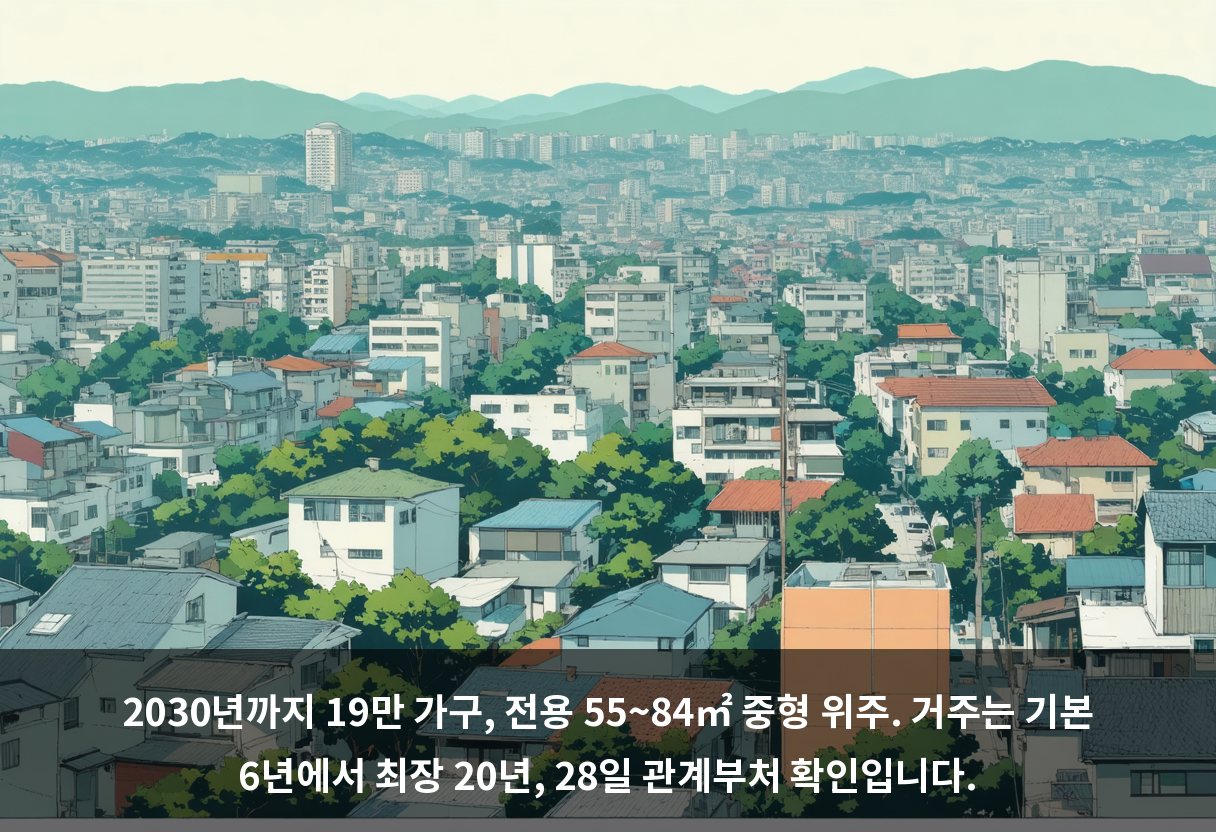 2030년까지 19만 가구, 전용 55~84㎡ 중형 위주. 거주는 기본 6년에서 최장 20년, 28일 관계부처 확인입니다.
