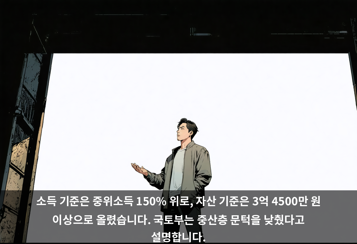소득 기준은 중위소득 150% 위로, 자산 기준은 3억 4500만 원 이상으로 올렸습니다. 국토부는 중산층 문턱을 낮췄다고 설명합니다.