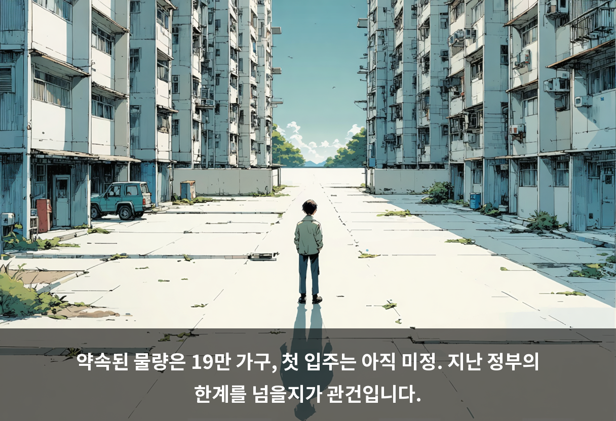 약속된 물량은 19만 가구, 첫 입주는 아직 미정. 지난 정부의 한계를 넘을지가 관건입니다.