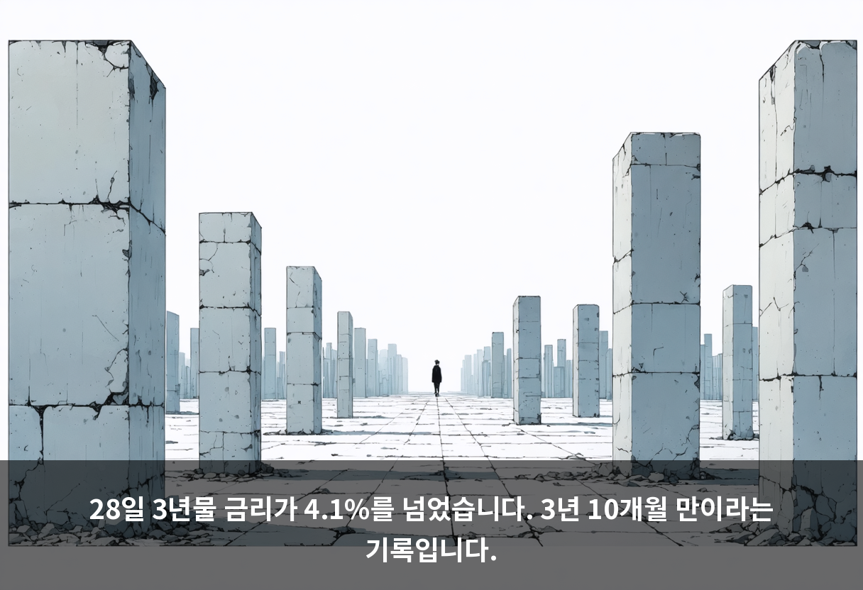 28일 3년물 금리가 4.1%를 넘었습니다. 3년 10개월 만이라는 기록입니다.