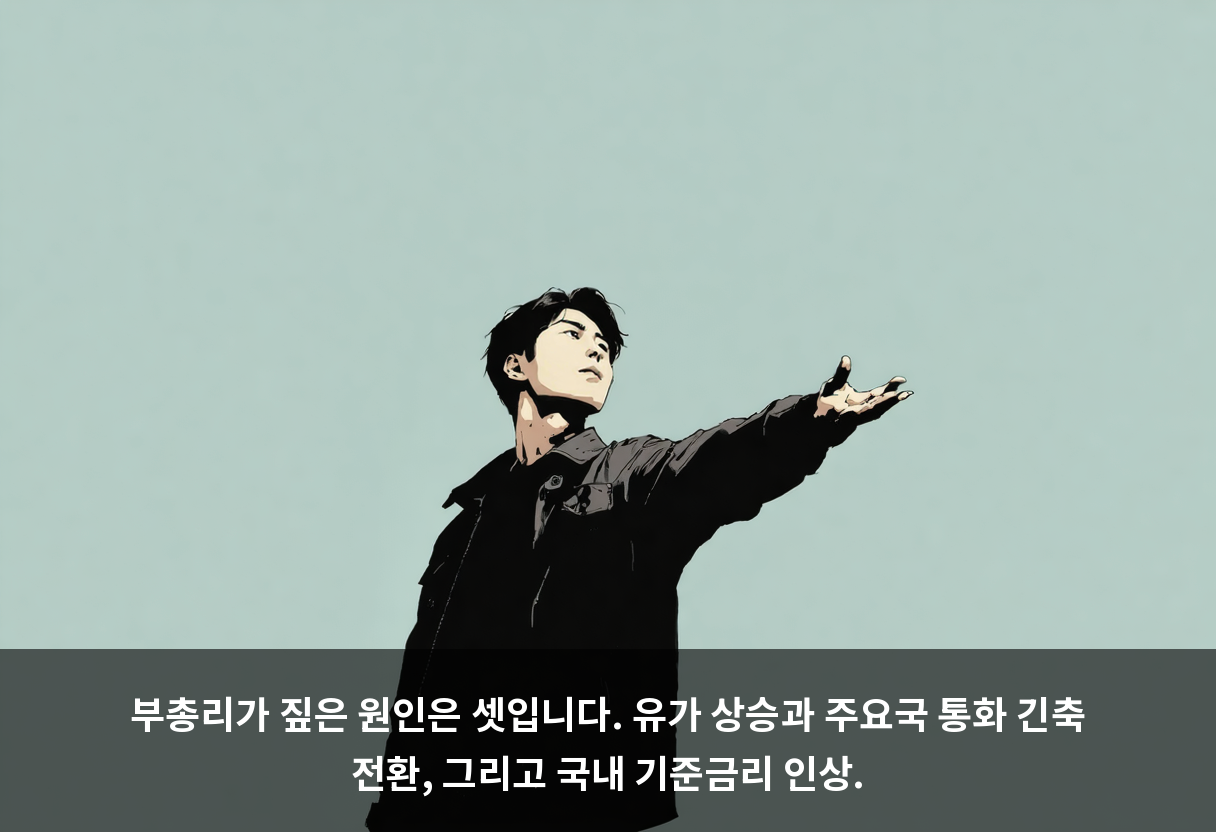 부총리가 짚은 원인은 셋입니다. 유가 상승과 주요국 통화 긴축 전환, 그리고 국내 기준금리 인상.