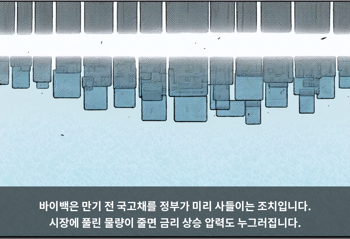 바이백은 만기 전 국고채를 정부가 미리 사들이는 조치입니다. 시장에 풀린 물량이 줄면 금리 상승 압력도 누그러집니다.