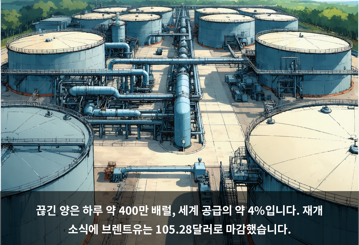 끊긴 양은 하루 약 400만 배럴, 세계 공급의 약 4%입니다. 재개 소식에 브렌트유는 105.28달러로 마감했습니다.