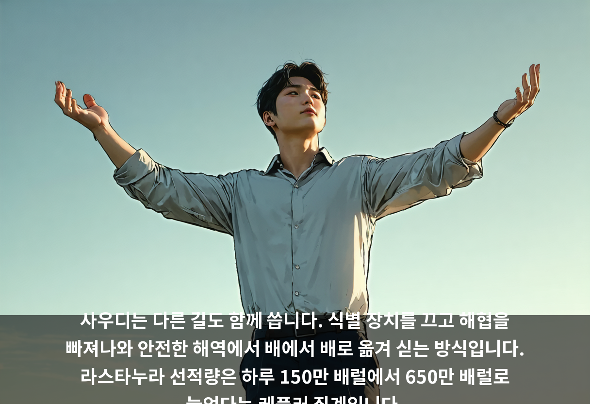 사우디는 다른 길도 함께 씁니다. 식별 장치를 끄고 해협을 빠져나와 안전한 해역에서 배에서 배로 옮겨 싣는 방식입니다. 라스타누라 선적량은 하루 150만 배럴에서 650만 배럴로 늘었다는 케플러 집계입니다.