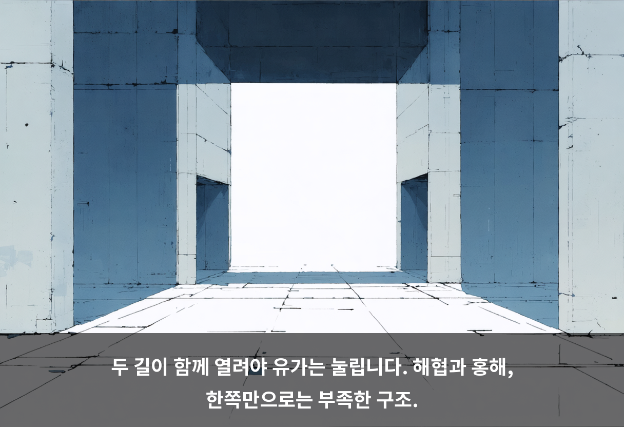 두 길이 함께 열려야 유가는 눌립니다. 해협과 홍해, 한쪽만으로는 부족한 구조.