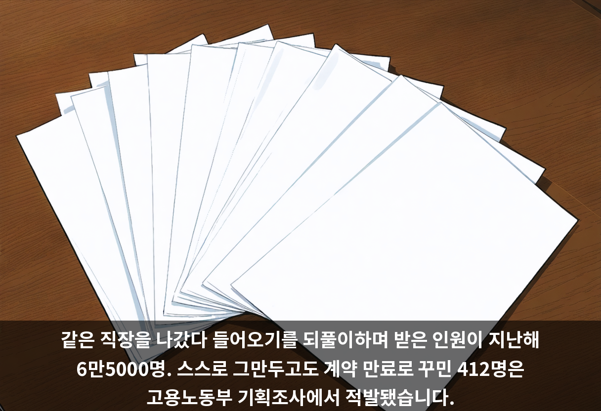 같은 직장을 나갔다 들어오기를 되풀이하며 받은 인원이 지난해 6만5000명. 스스로 그만두고도 계약 만료로 꾸민 412명은 고용노동부 기획조사에서 적발됐습니다.
