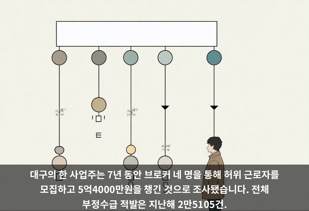대구의 한 사업주는 7년 동안 브로커 네 명을 통해 허위 근로자를 모집하고 5억4000만원을 챙긴 것으로 조사됐습니다. 전체 부정수급 적발은 지난해 2만5105건.