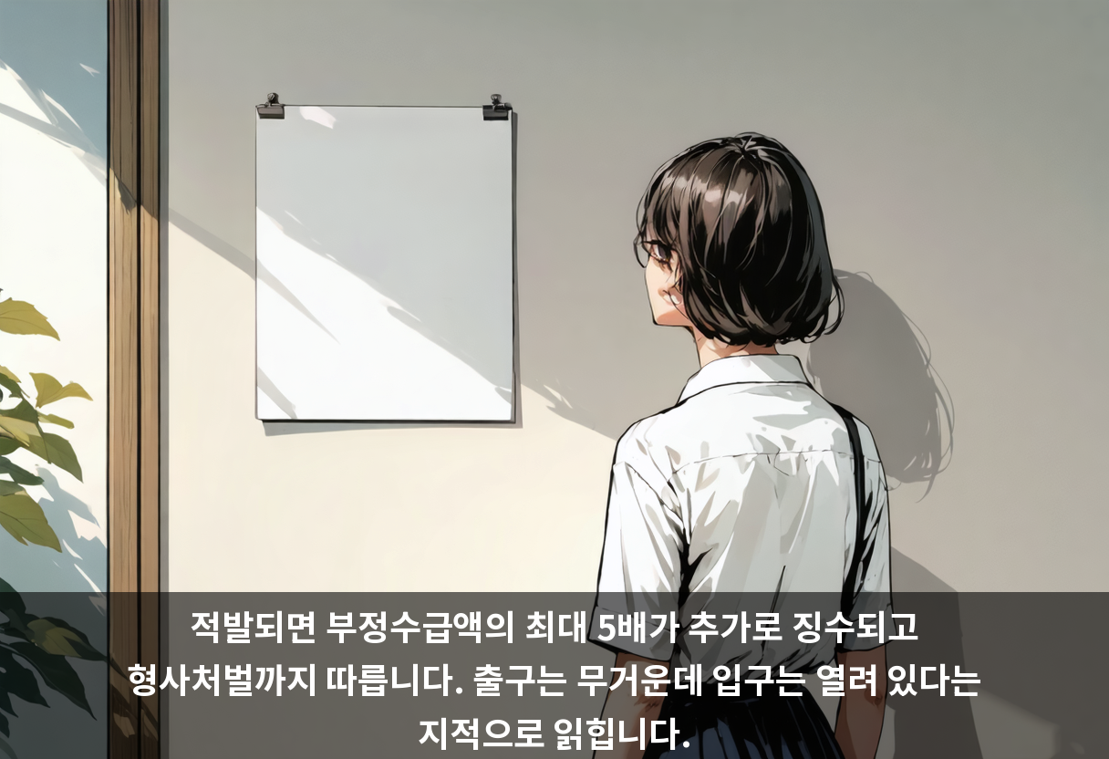 적발되면 부정수급액의 최대 5배가 추가로 징수되고 형사처벌까지 따릅니다. 출구는 무거운데 입구는 열려 있다는 지적으로 읽힙니다.