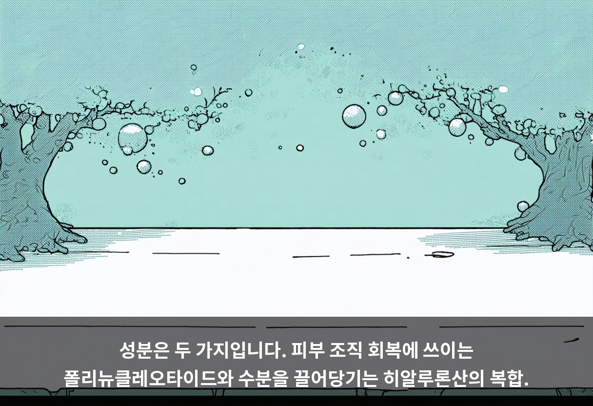 성분은 두 가지입니다. 피부 조직 회복에 쓰이는 폴리뉴클레오타이드와 수분을 끌어당기는 히알루론산의 복합.