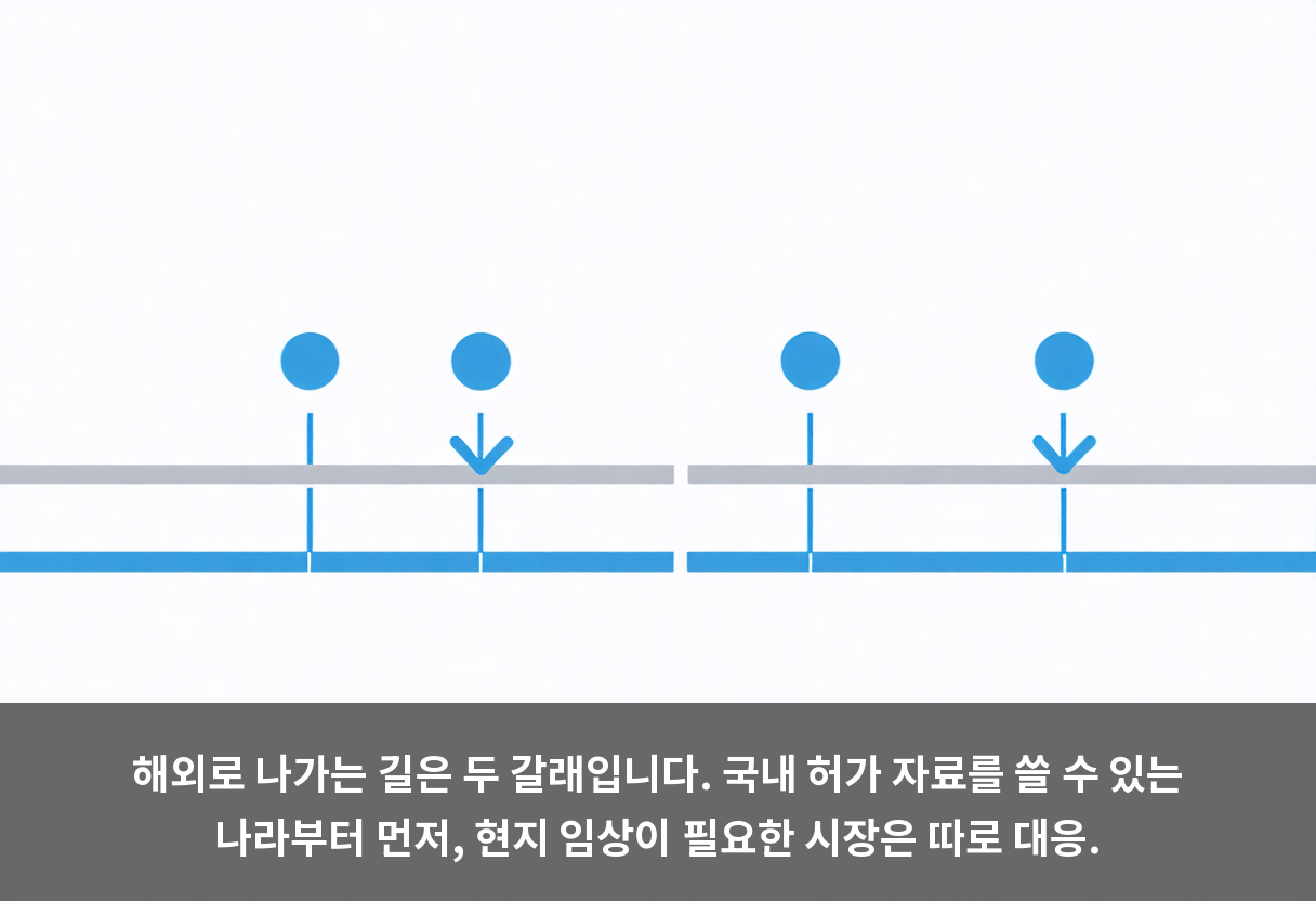 해외로 나가는 길은 두 갈래입니다. 국내 허가 자료를 쓸 수 있는 나라부터 먼저, 현지 임상이 필요한 시장은 따로 대응.