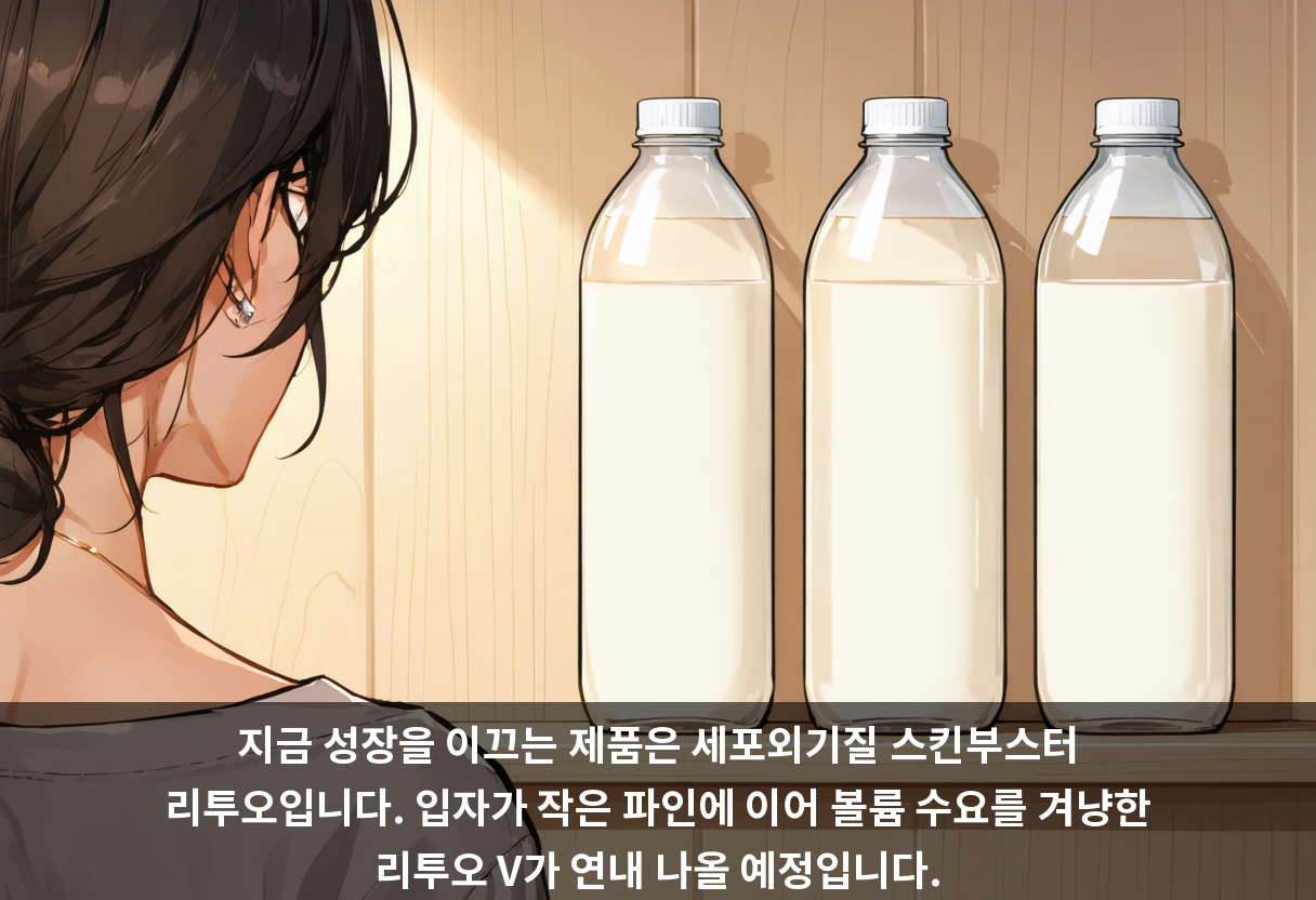 지금 성장을 이끄는 제품은 세포외기질 스킨부스터 리투오입니다. 입자가 작은 파인에 이어 볼륨 수요를 겨냥한 리투오 V가 연내 나올 예정입니다.